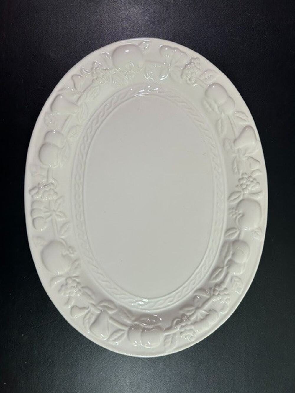 Gibson Housewares White Oval Serving Platter Embossed Fruit 13.5" Ceramic